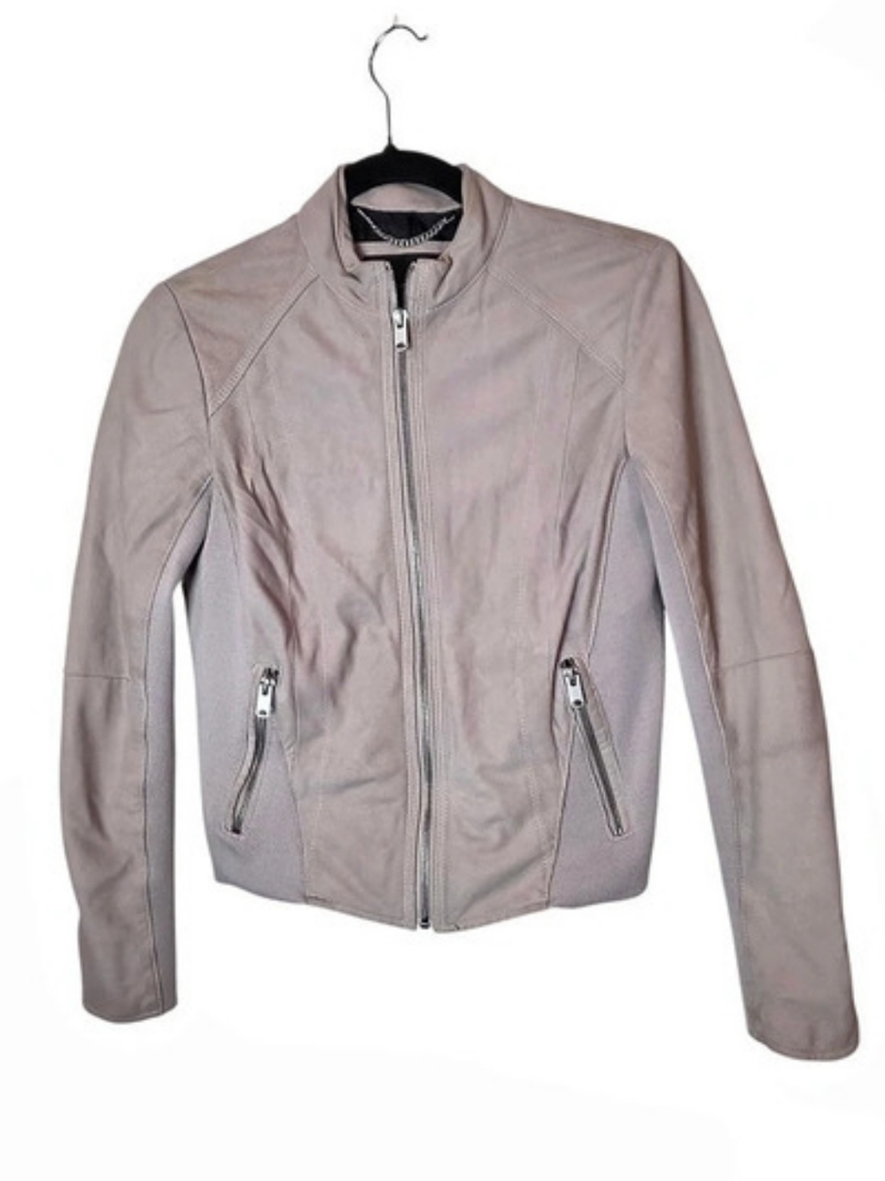 Andrew Marc Leather Moto Jacket Size XS Beige Mixed Media Minimalist Streetwear